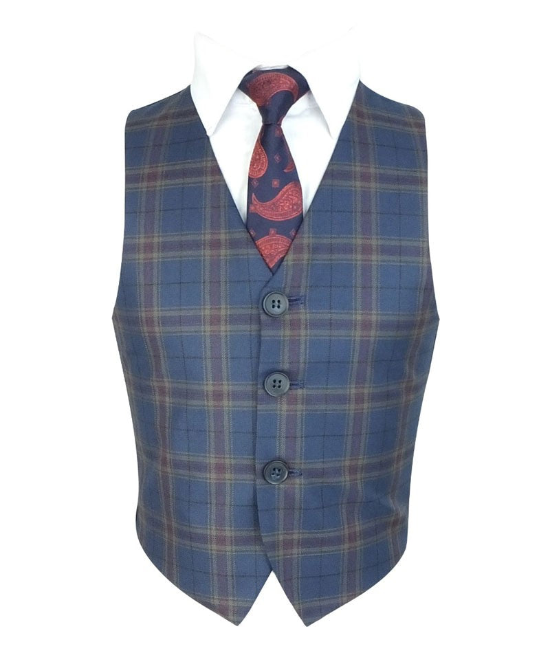 Boys Tailored Fit Retro Check Navy Suit - Navy Blue - Gold - Maroon