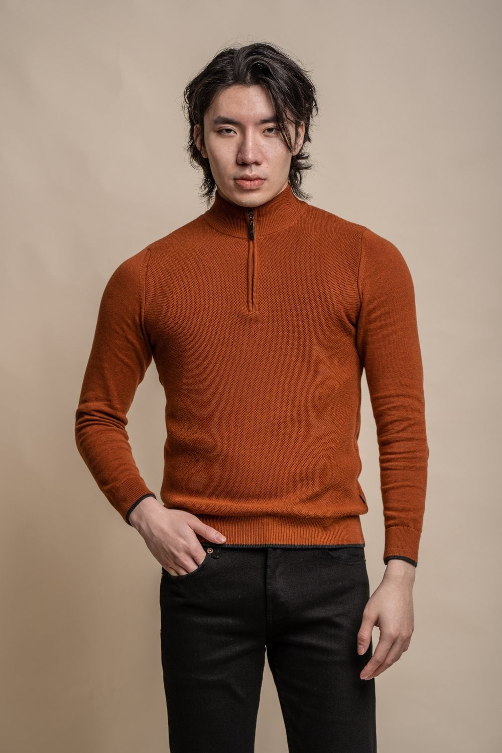 Men's Quarter Zip Knit Cotton Pullover - KYLE - Rustic Brick
