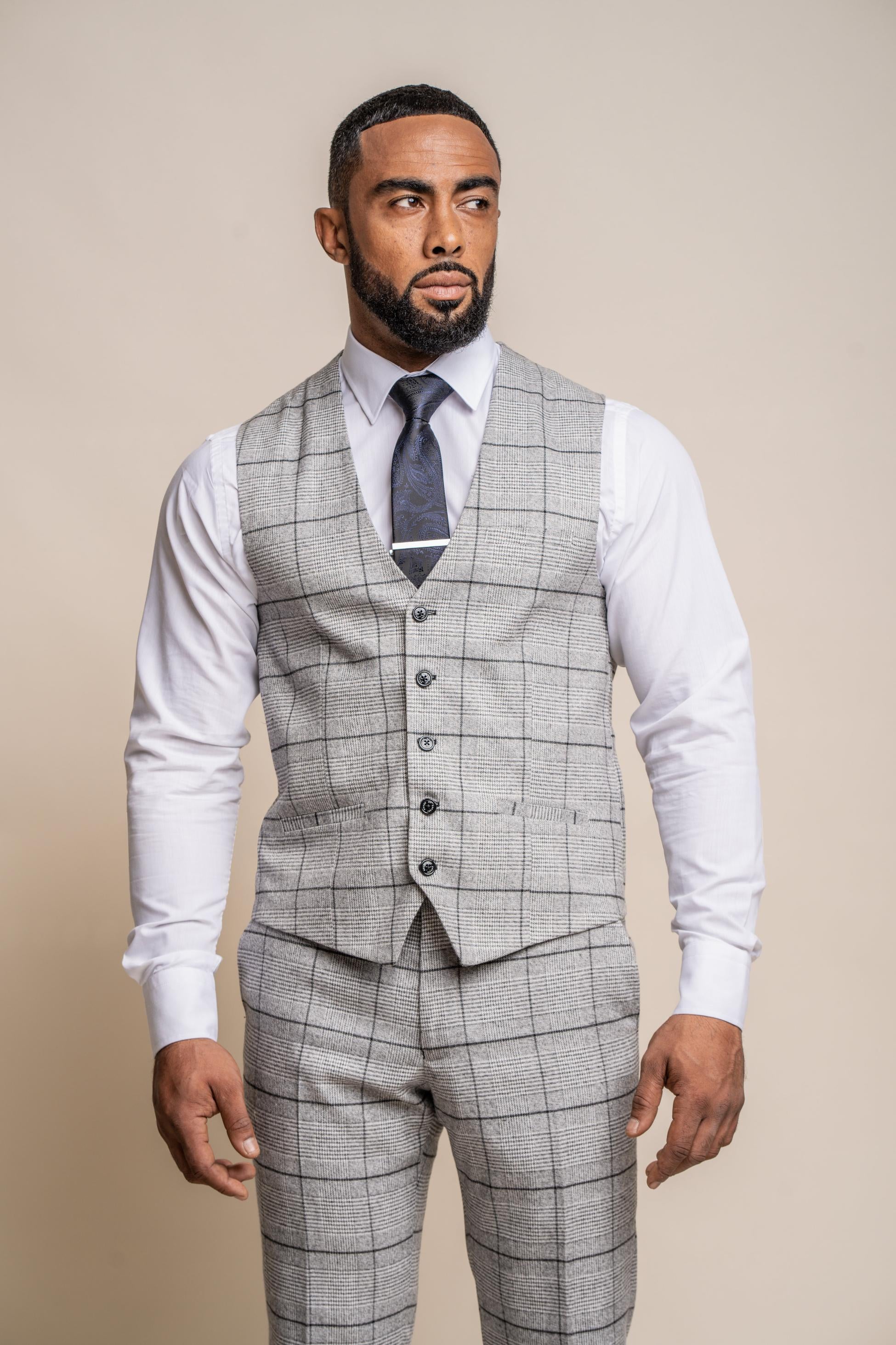 Men's Tweed Windowpane Check Waistcoat - GHOST Grey - Light Grey