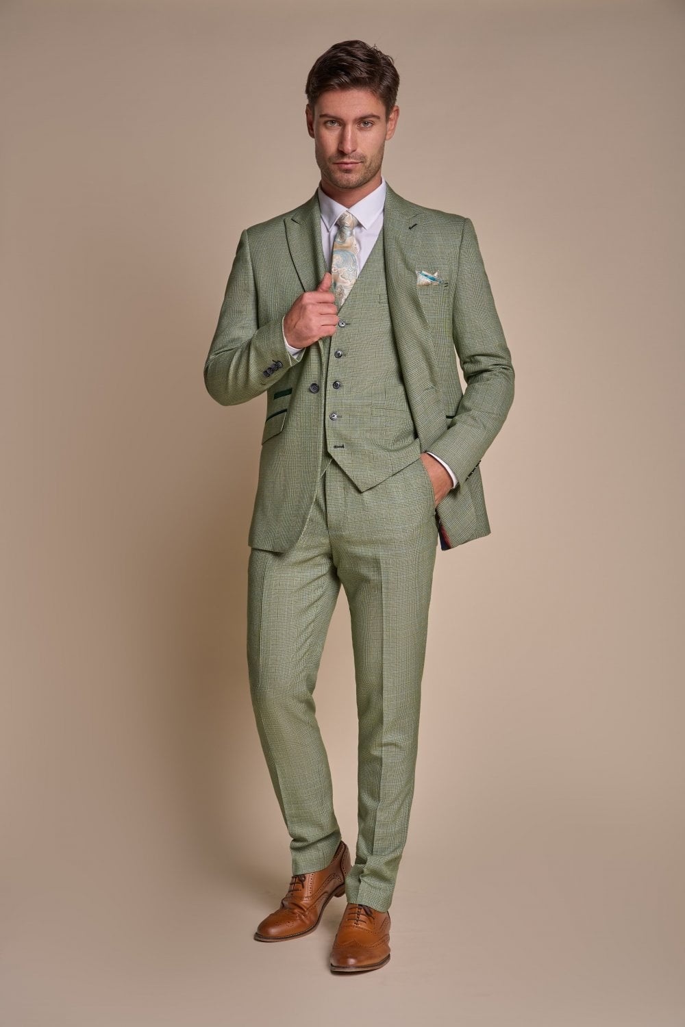 Men's Slim Fit Houndstooth Tweed Check Suit 3-Piece - CARIDI - Sage Green