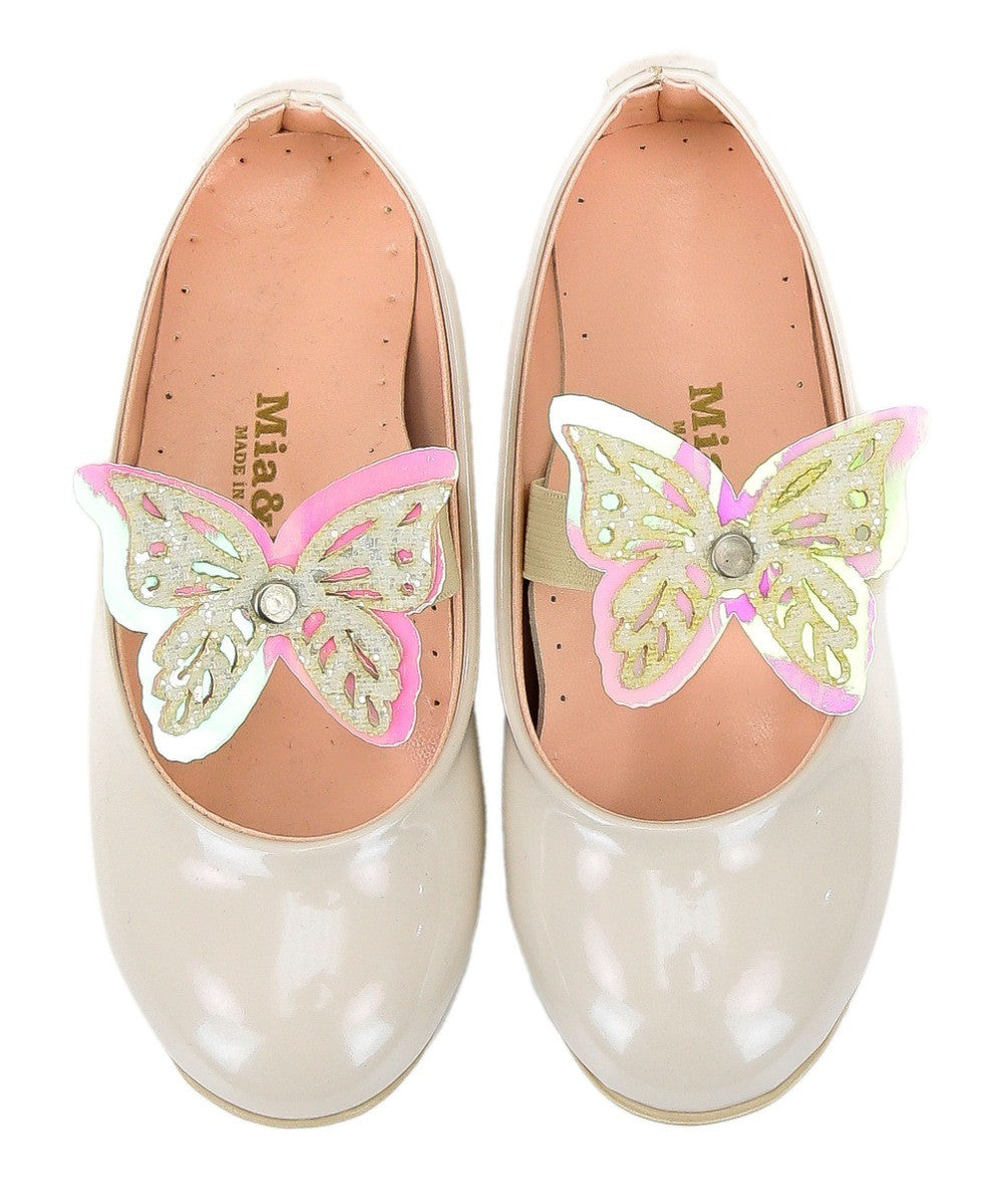 Girls Ballerina Butterfly Strap Flat Dress Shoes - Pearl White