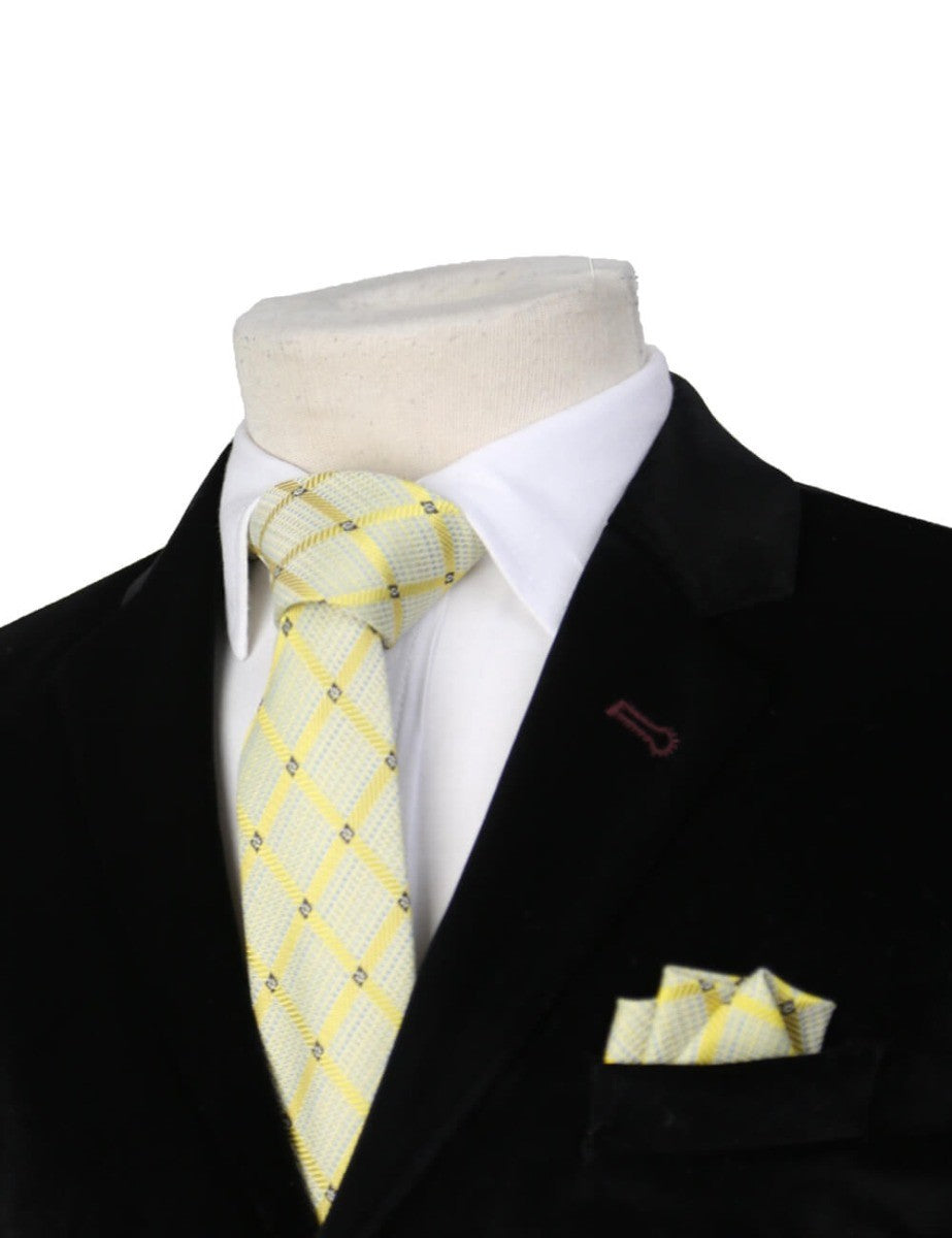 Boys Plaid Checkered Tie & Hankie Set Cream and Gold