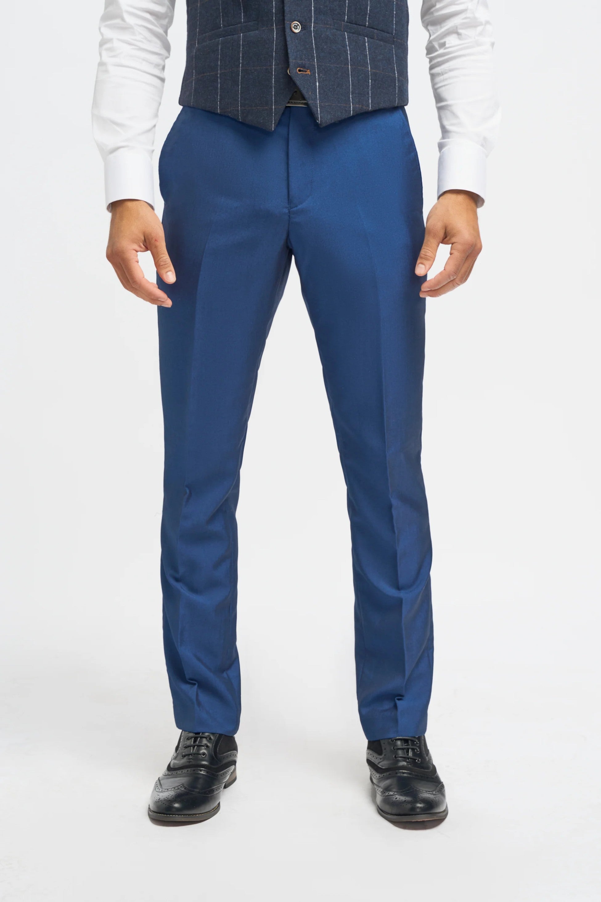 Men's Royal Blue Slim Fit 3-Piece Suit with Navy Blue Windowpane Check Tweed Waistcoat - Blue