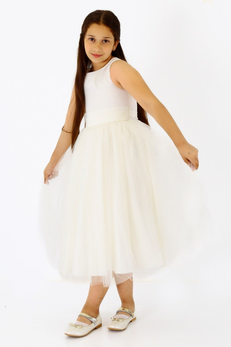 Flower Girls Sleeveless Tulle Communion Dress - Ivory
