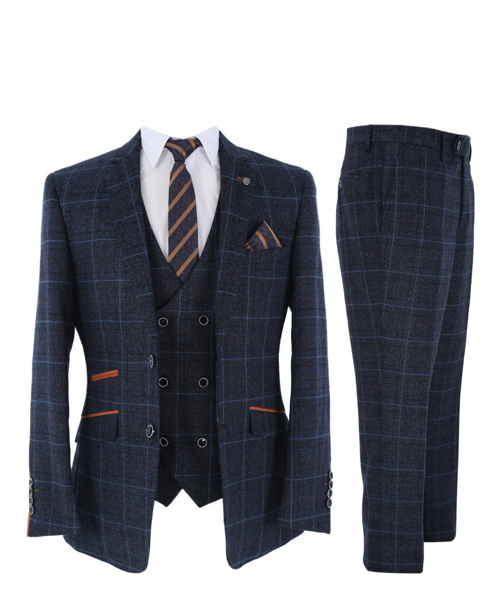 Men's Tailored Fit Retro Check Suit - ANTHONY - Navy Blue