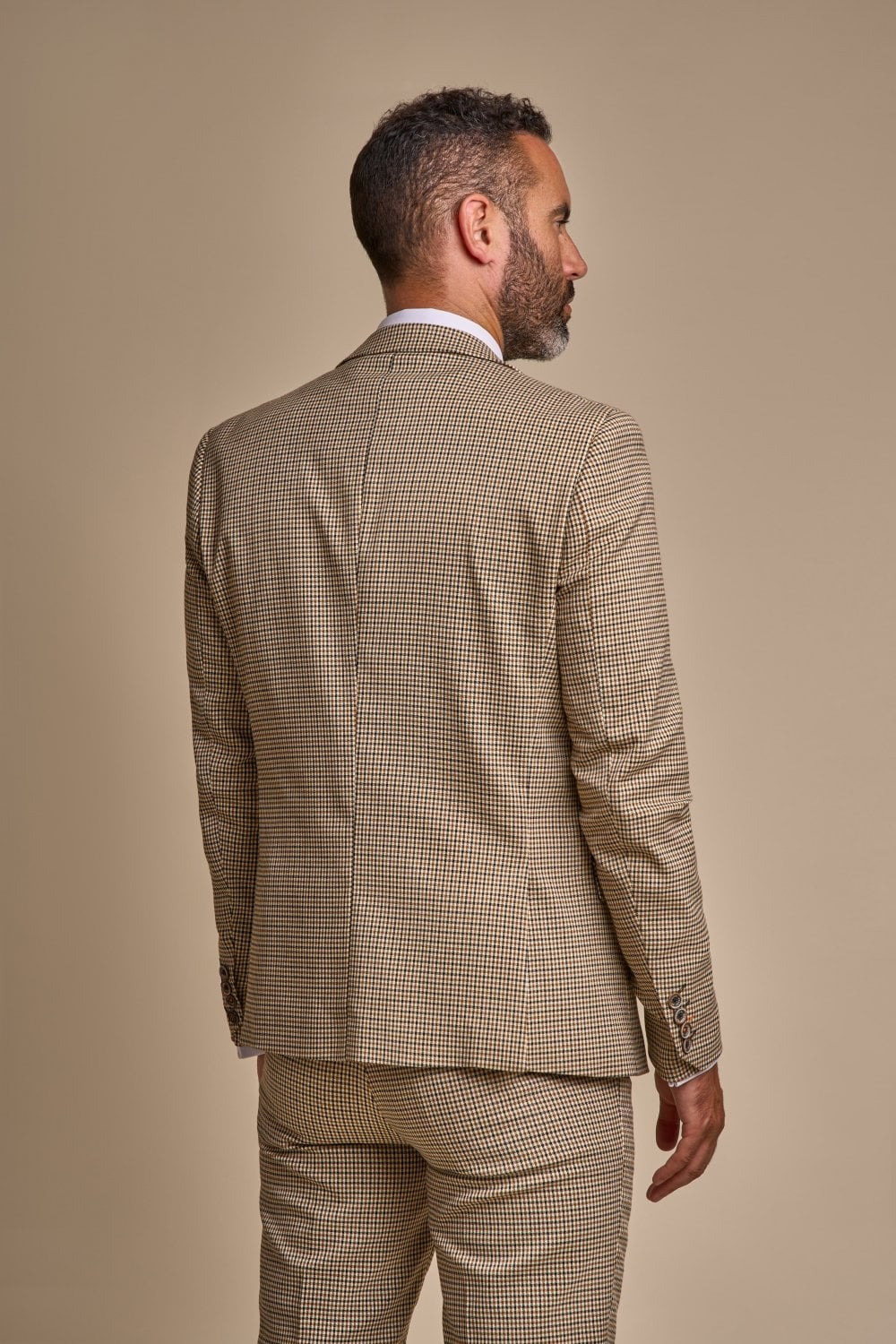 Men's Houndstooth Check Skinny Fit Suit - ELWOOD - Tan Beige