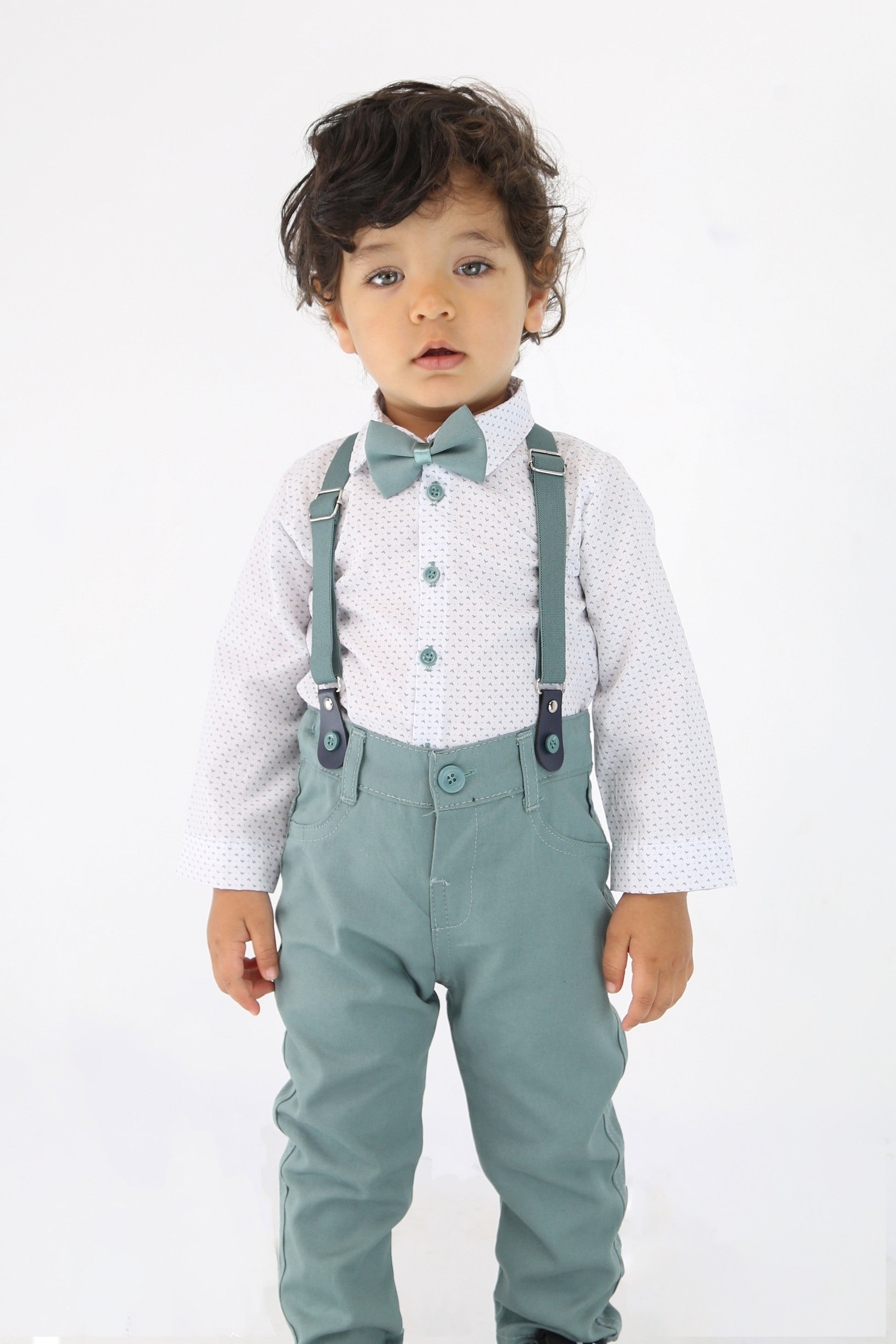 Baby Boys Gentleman Outfit - 4 PC Suspenders Pant Suit Set - BIRD - Green