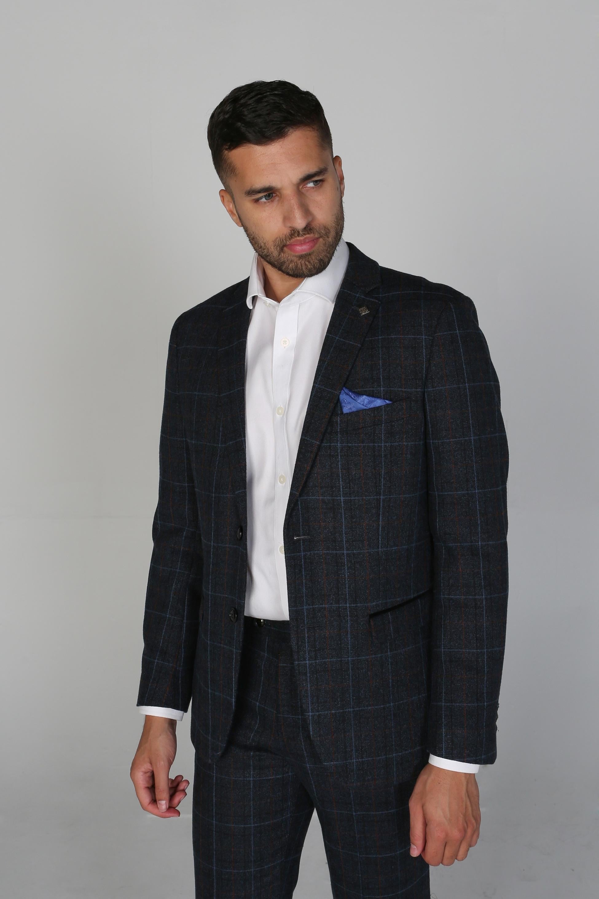 Men's Windowpane Tailored Fit Suit- HARVEY - Navy Blue