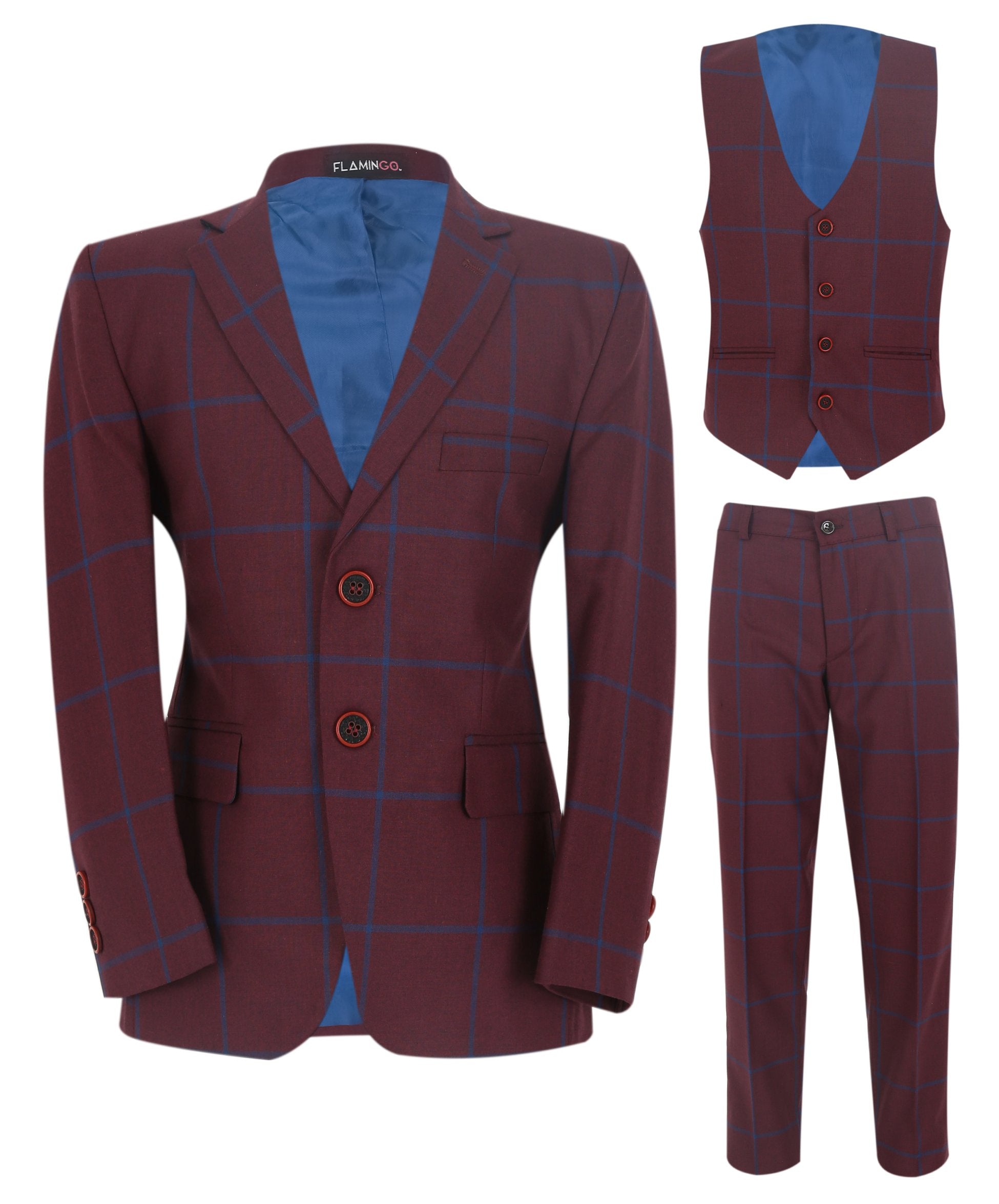 Boys 3 Piece Tailored Fit Windowpane Check Suit - DOMINIC - Burgundy - Blue