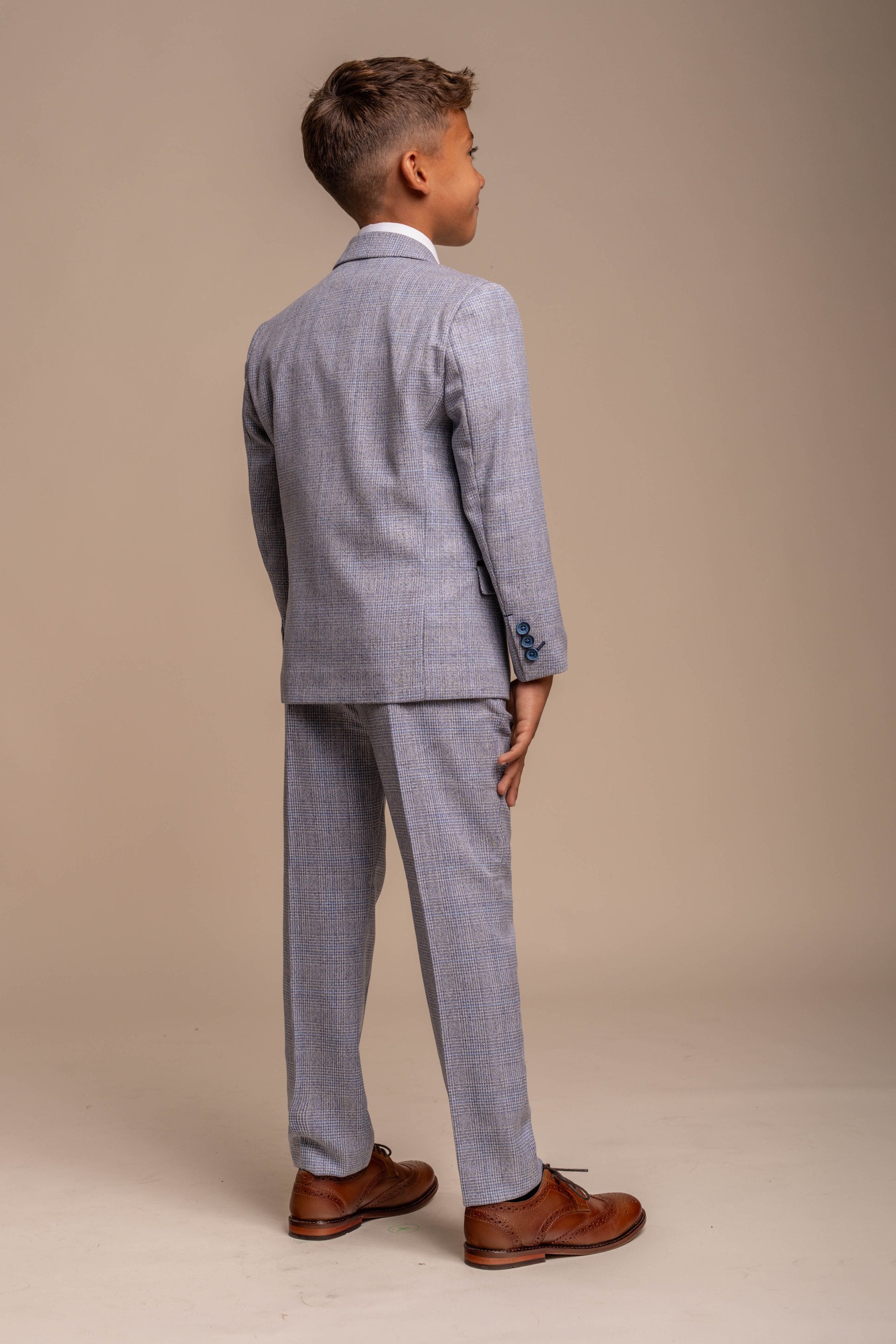 Boys Tweed Houndstooth Check Slim Fit Suit - CARIDI - Blue