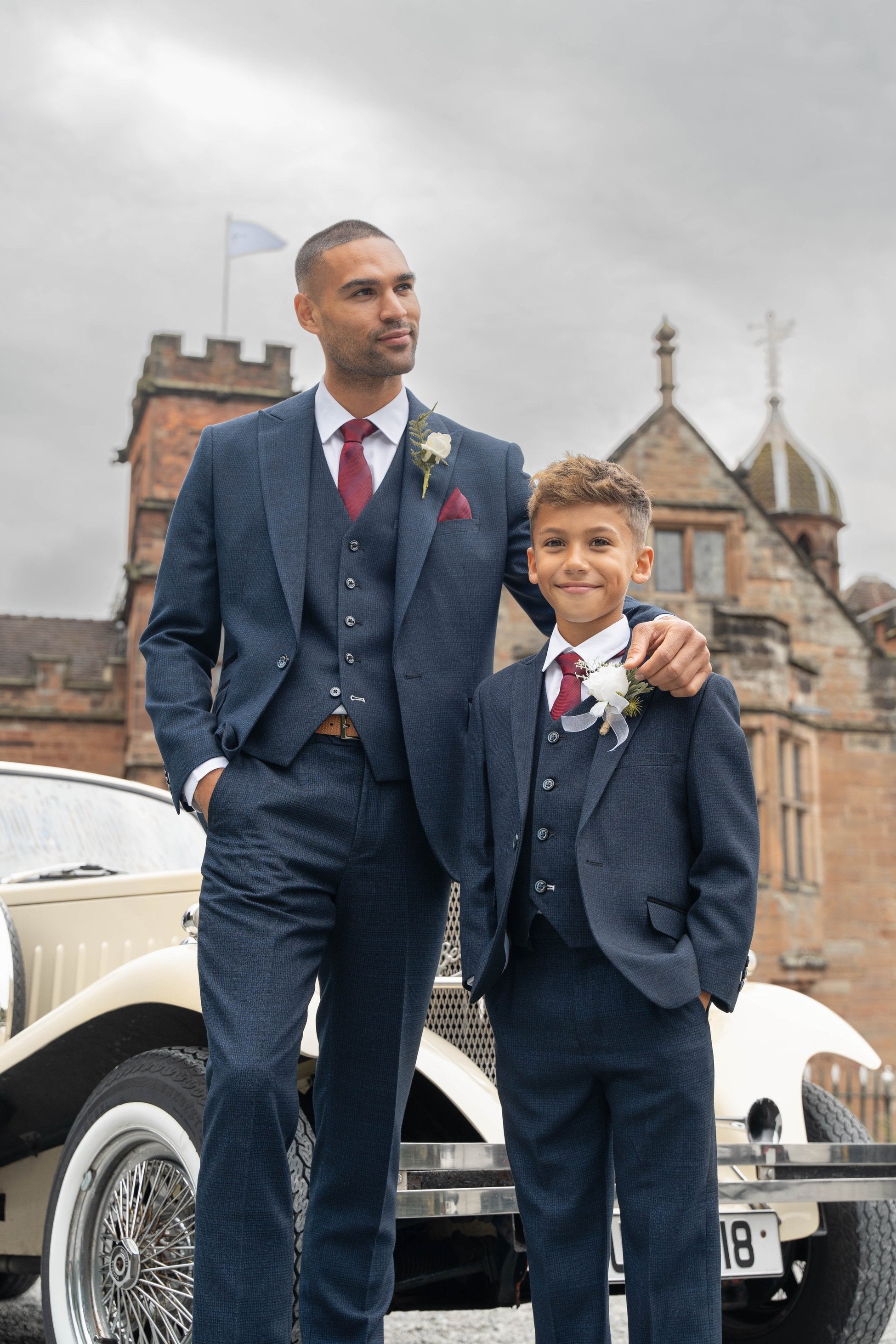 Boys Tweed Houndstooth Check Slim Fit Suit - CARIDI - Navy Blue