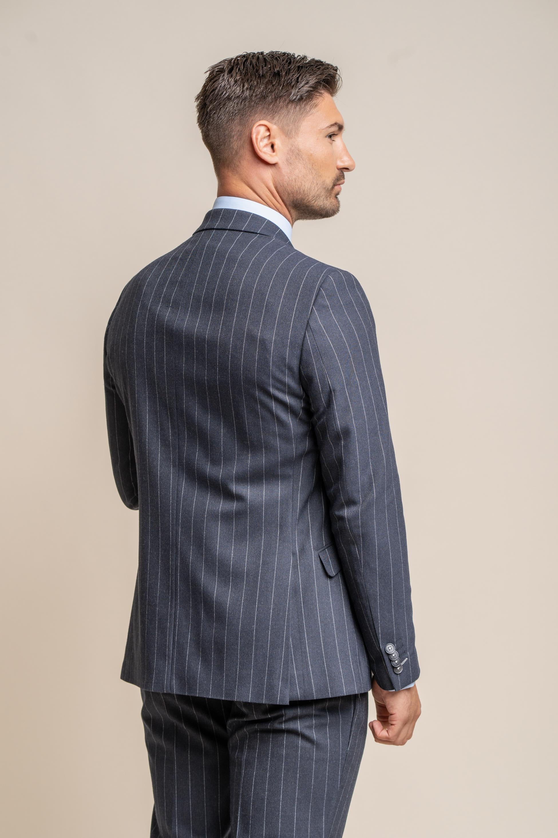 Men's Pinstripe Slim Fit Navy Blue Suit - Invincible - Navy Blue