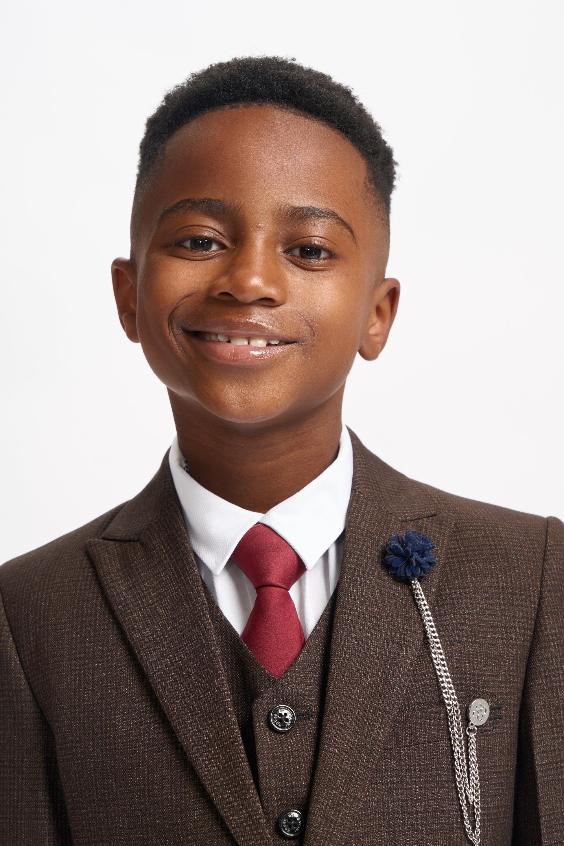 Boys Slim Fit Tweed Check Suit - CARIDI - Brown