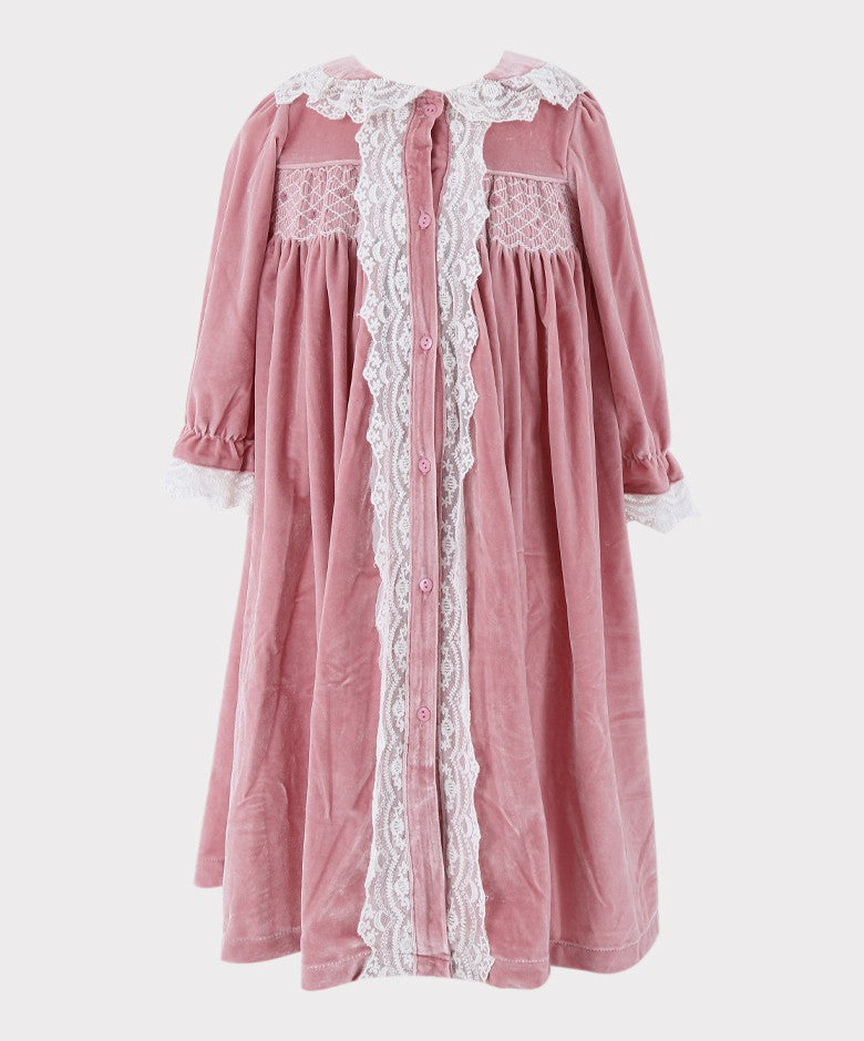 Girls Smocked Velvet Sleeping Gown 2 Pieces Set - Pink
