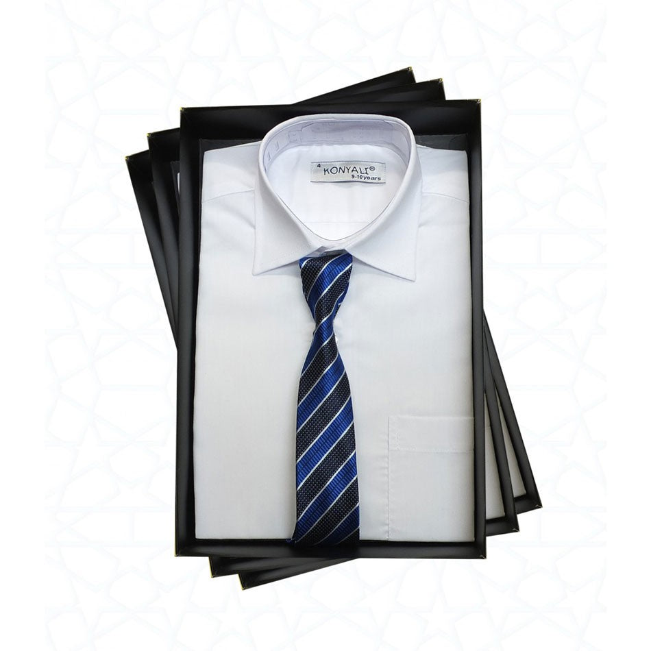 Boys Classic Collar White Shirt & Tie Set - Blue - Navy