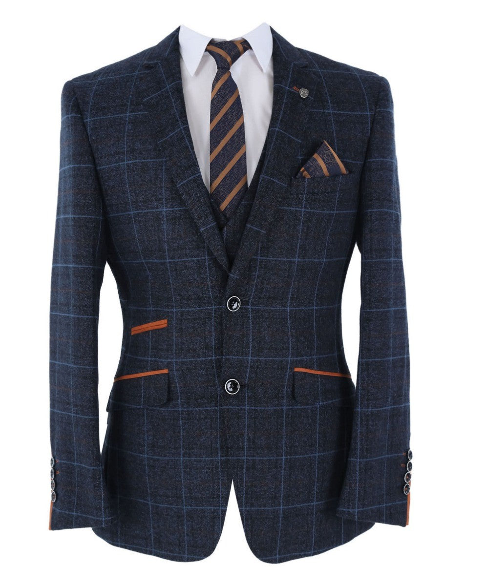 Men's Tailored Fit Retro Check Suit - ANTHONY - Navy Blue