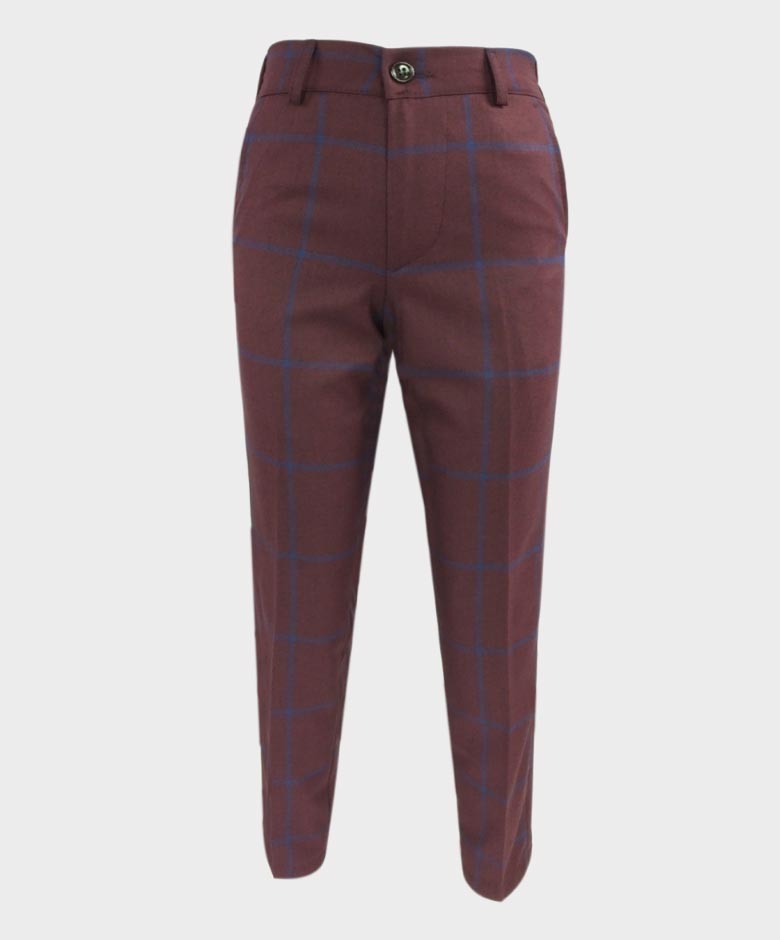 Boys 6 Piece Tailored Fit Windowpane Check Suit - Burgundy