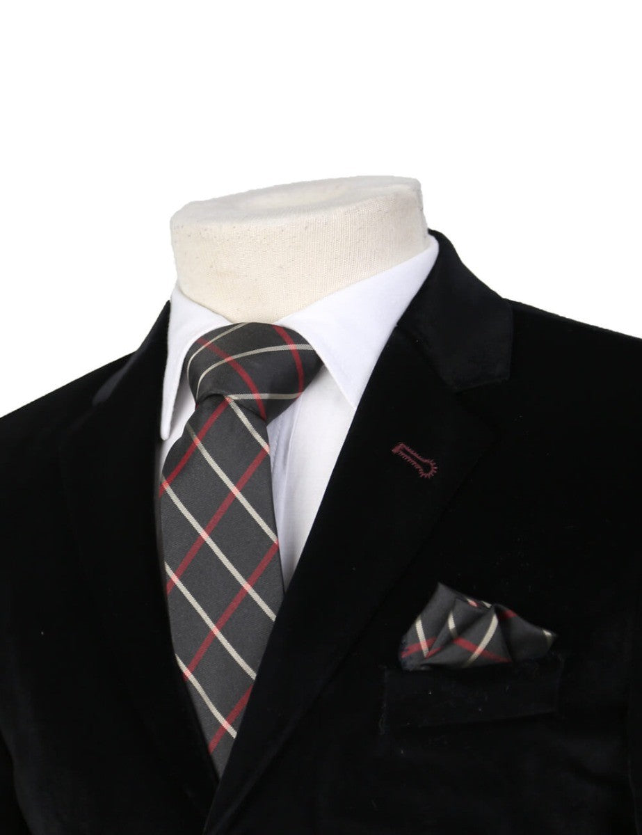 Boys Plaid Checkered Tie & Hankie Set Black- Red