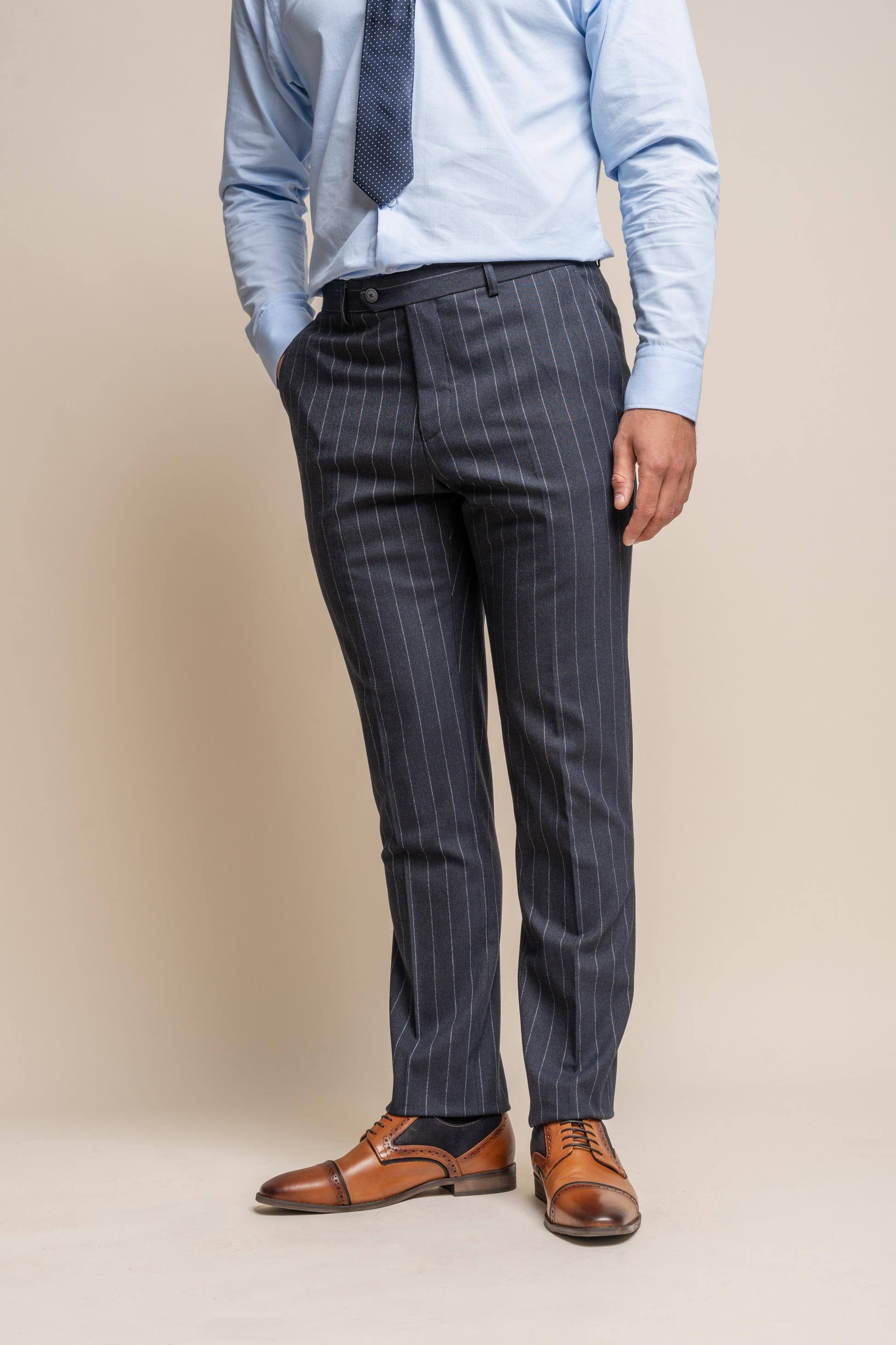Men's Pinstripe Slim Fit Navy Blue Suit - Invincible - Navy Blue