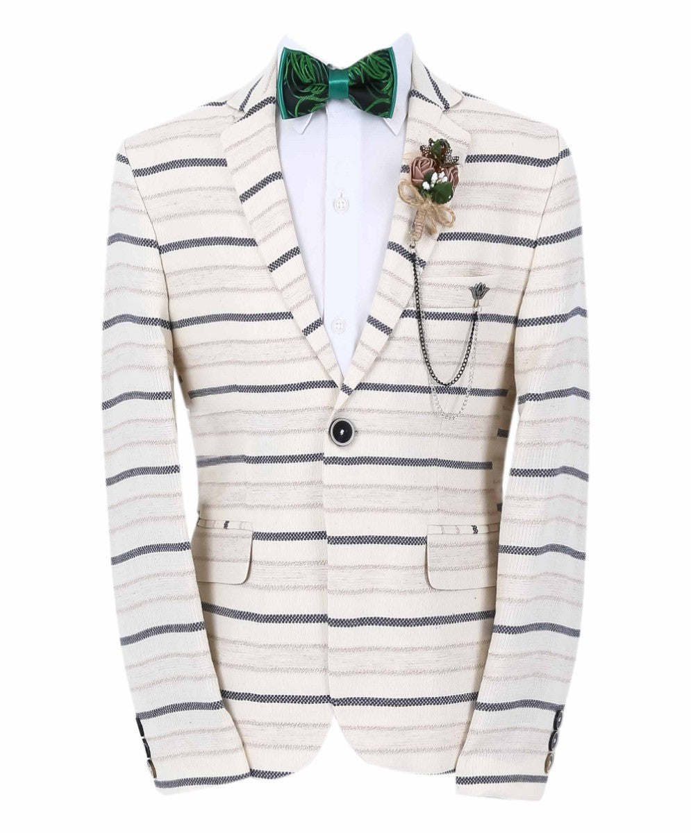 Boys Slim Fit Striped Blazer - Beige - Navy Blue