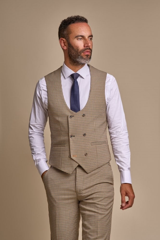 Men's Houndstooth Check Skinny Fit Suit - ELWOOD - Tan Beige
