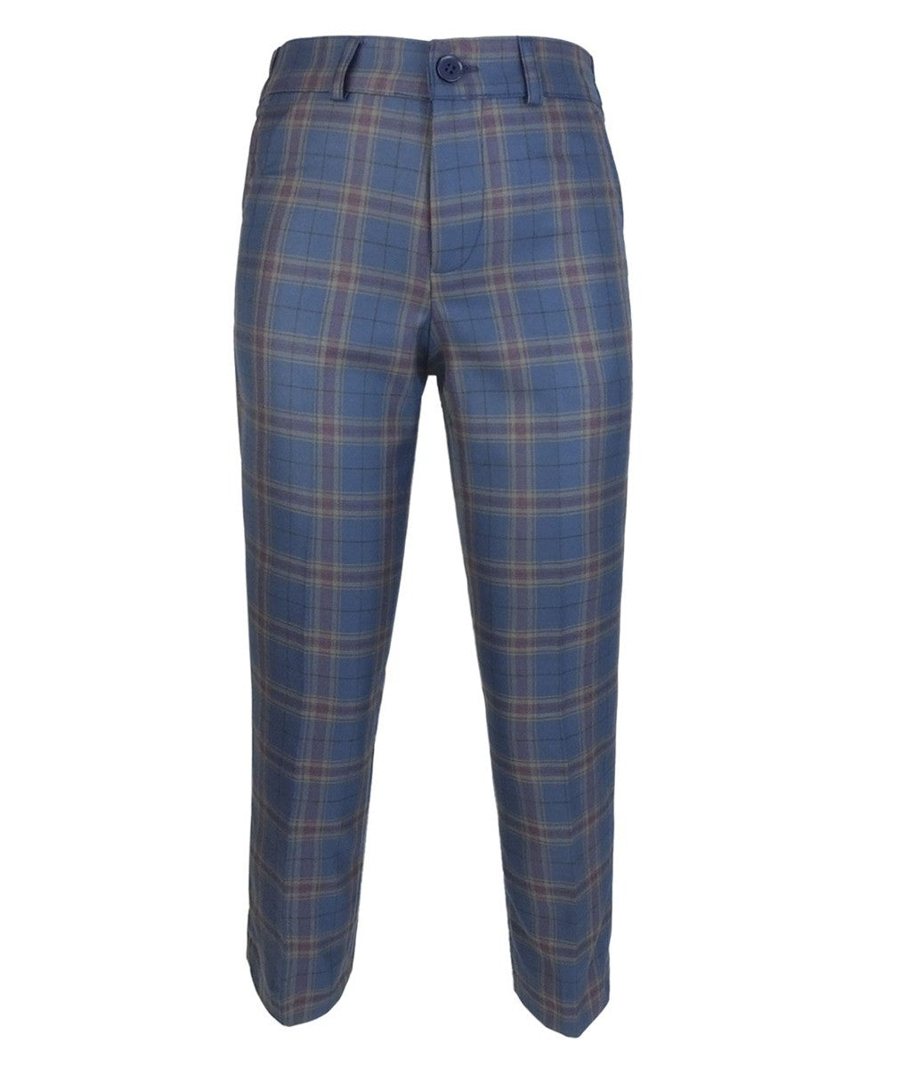 Boys Tailored Fit Retro Check Navy Suit - Navy Blue - Gold - Maroon