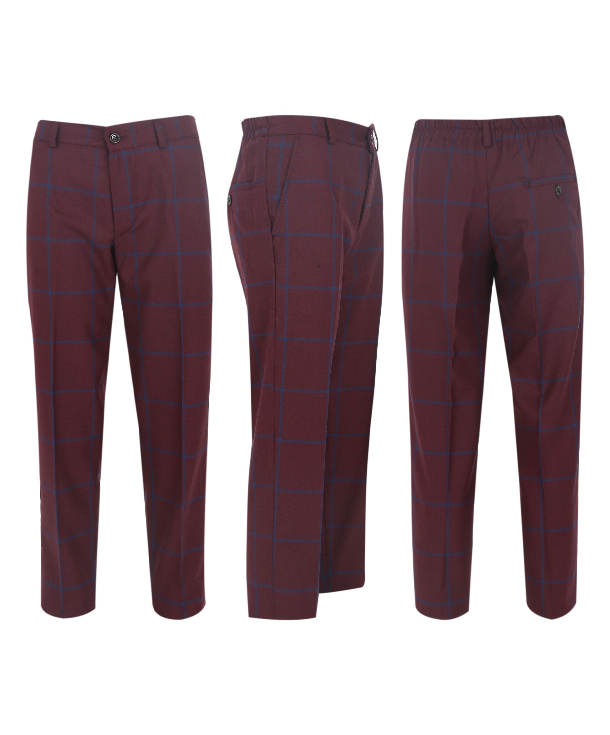Boys 3 Piece Tailored Fit Windowpane Check Suit - DOMINIC - Burgundy - Blue