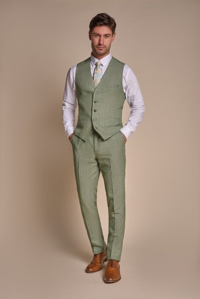 Men's Slim Fit Houndstooth Tweed Check Suit 3-Piece - CARIDI - Sage Green