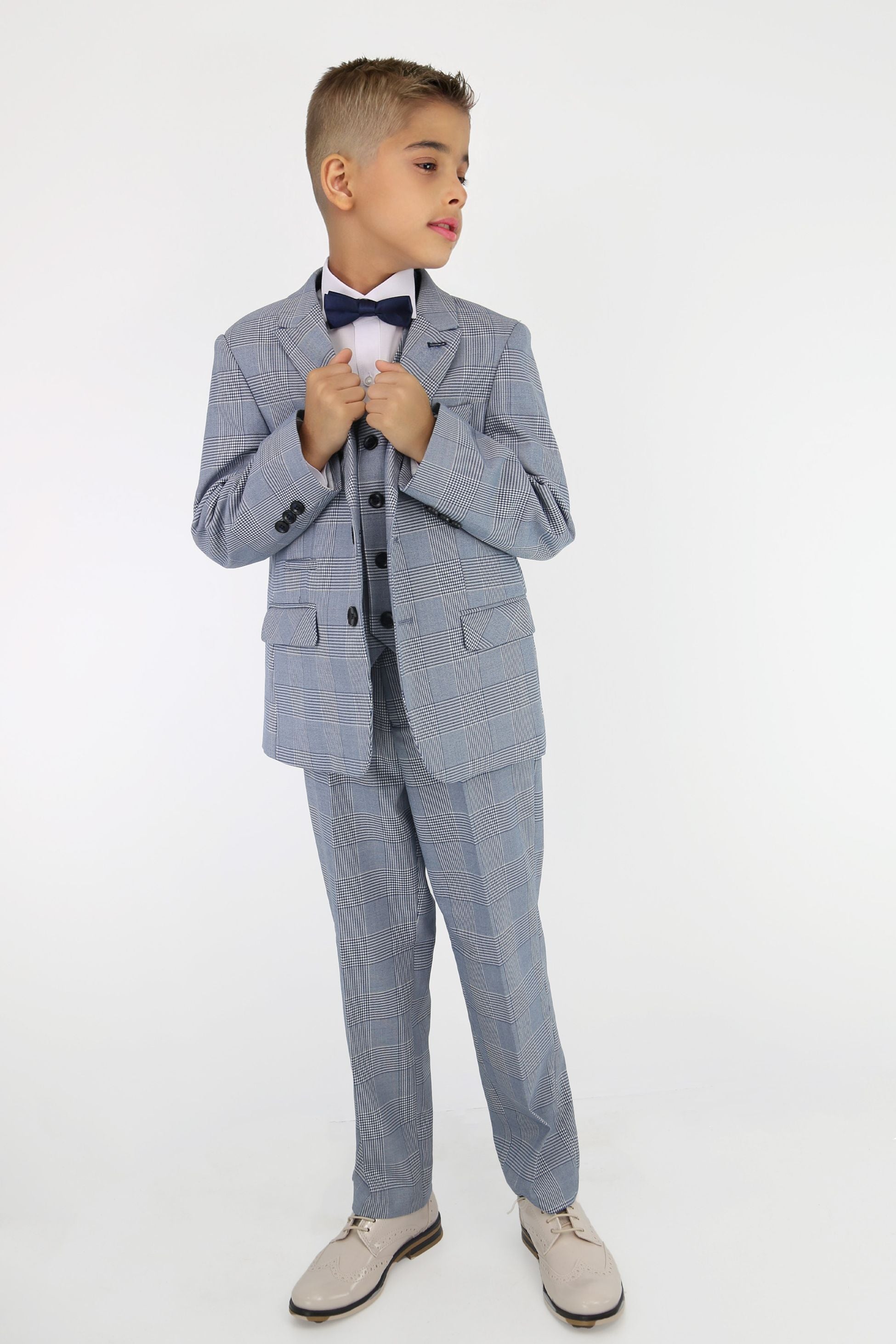 Boys Tailored Fit Tweed Check Suit - MARK - Sky Blue