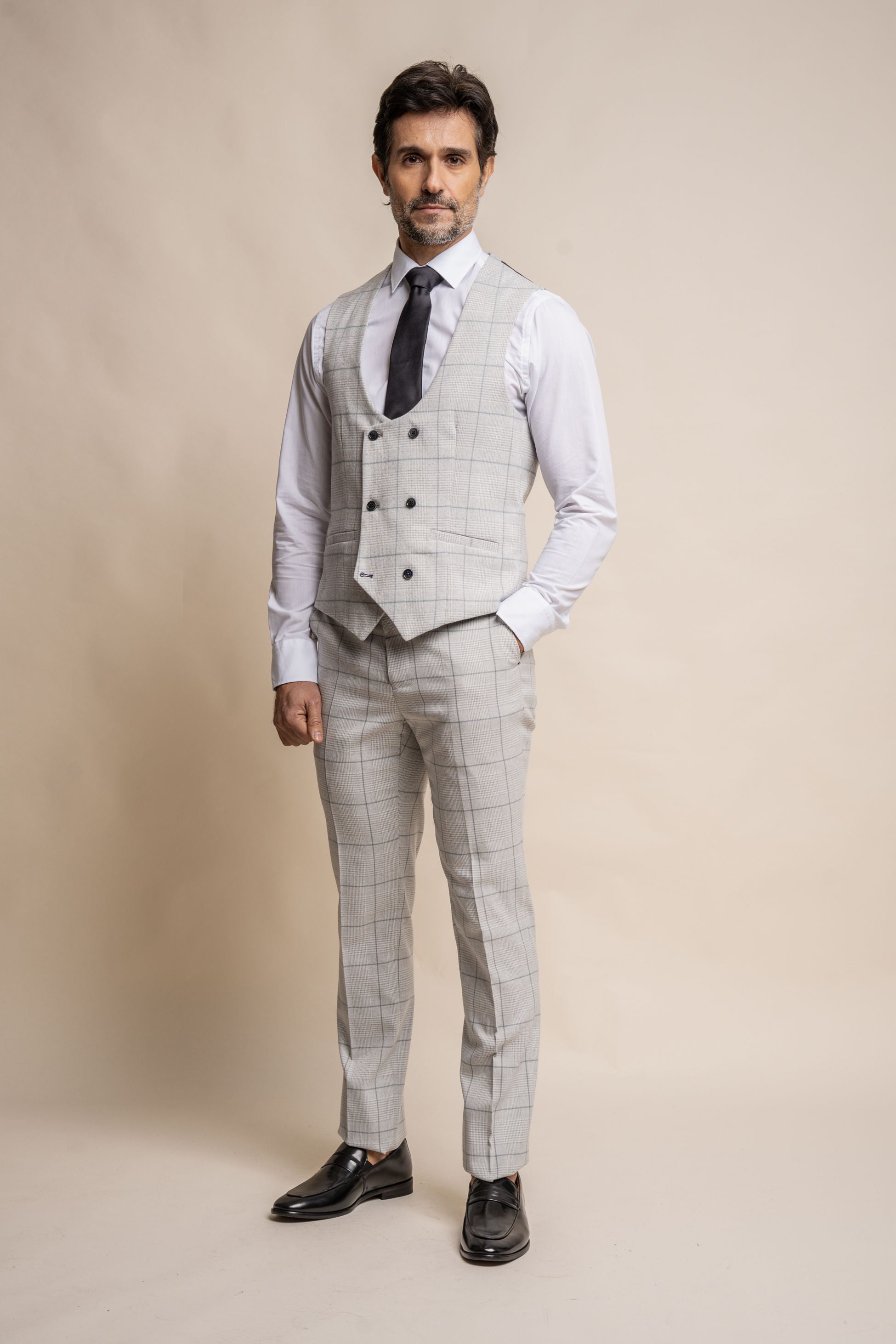 Men's Double Breasted Retro Check Grey Waistcoat - RADIKA - Light Grey