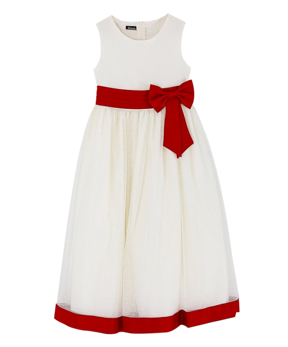 Girls Sleeveless Tulle Communion Dress - White - Red