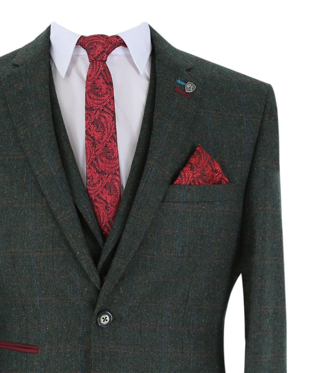 Men's Tweed Check Tailored Fit Suit Jacket - JOSHUA - Green