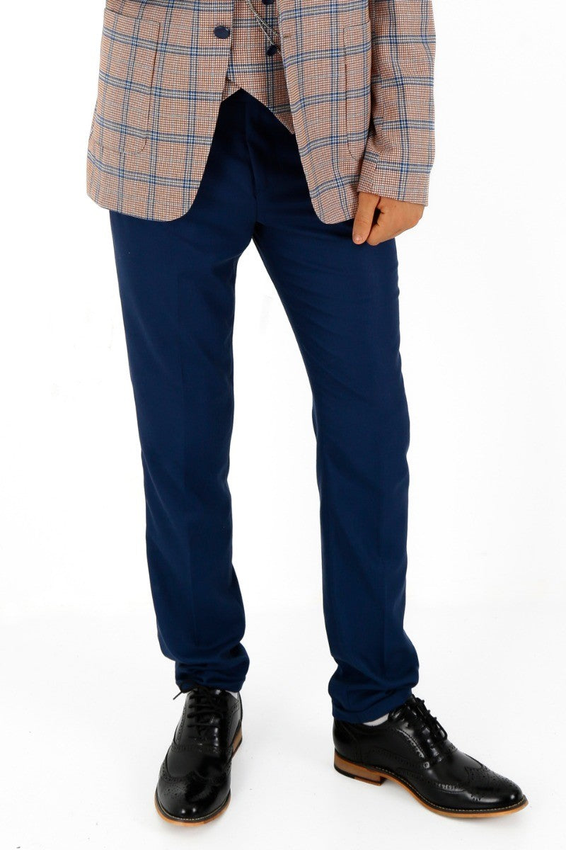 Boys Windowpane Check Slim Fit Suit - Peach - Navy Blue