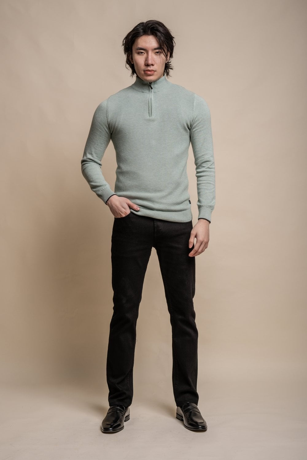 Men's Quarter Zip Knit Cotton Pullover - KYLE - Almond Green