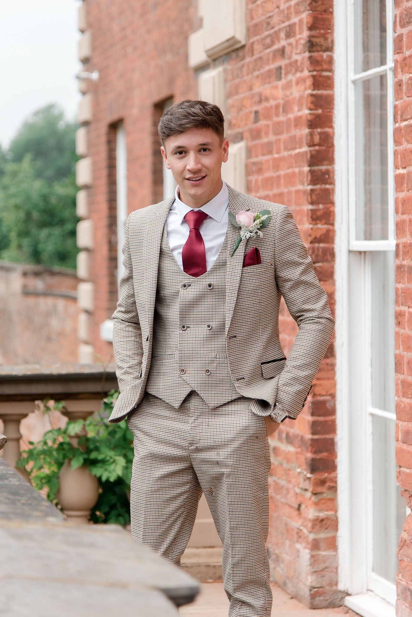 Men's Houndstooth Check Skinny Fit Suit - ELWOOD - Tan Beige