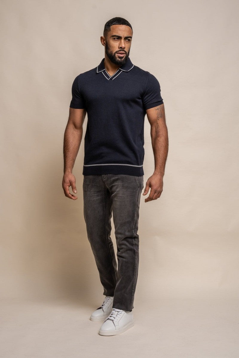 Men's Cotton Knitted Short Sleeve Polo Shirt - SEPPI - Navy Blue