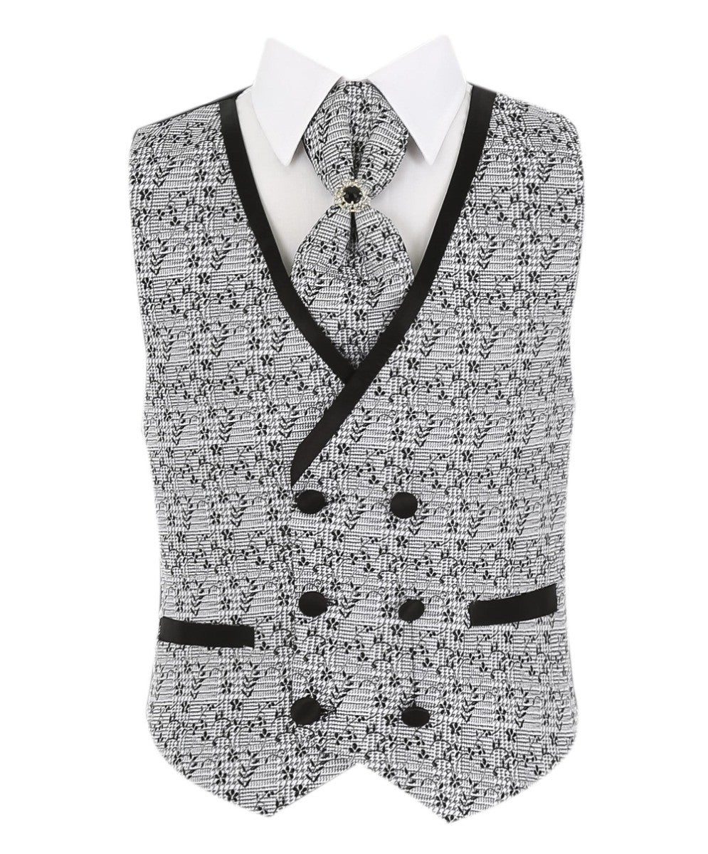 Boys Slim Fit Piping Grey Suit with Floral Waisctoat Set - Grey