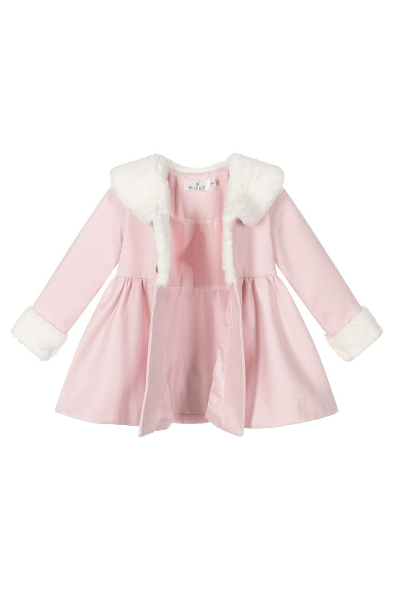 Girls Fur Midi Dress Coat 2 Piece Set - Pink
