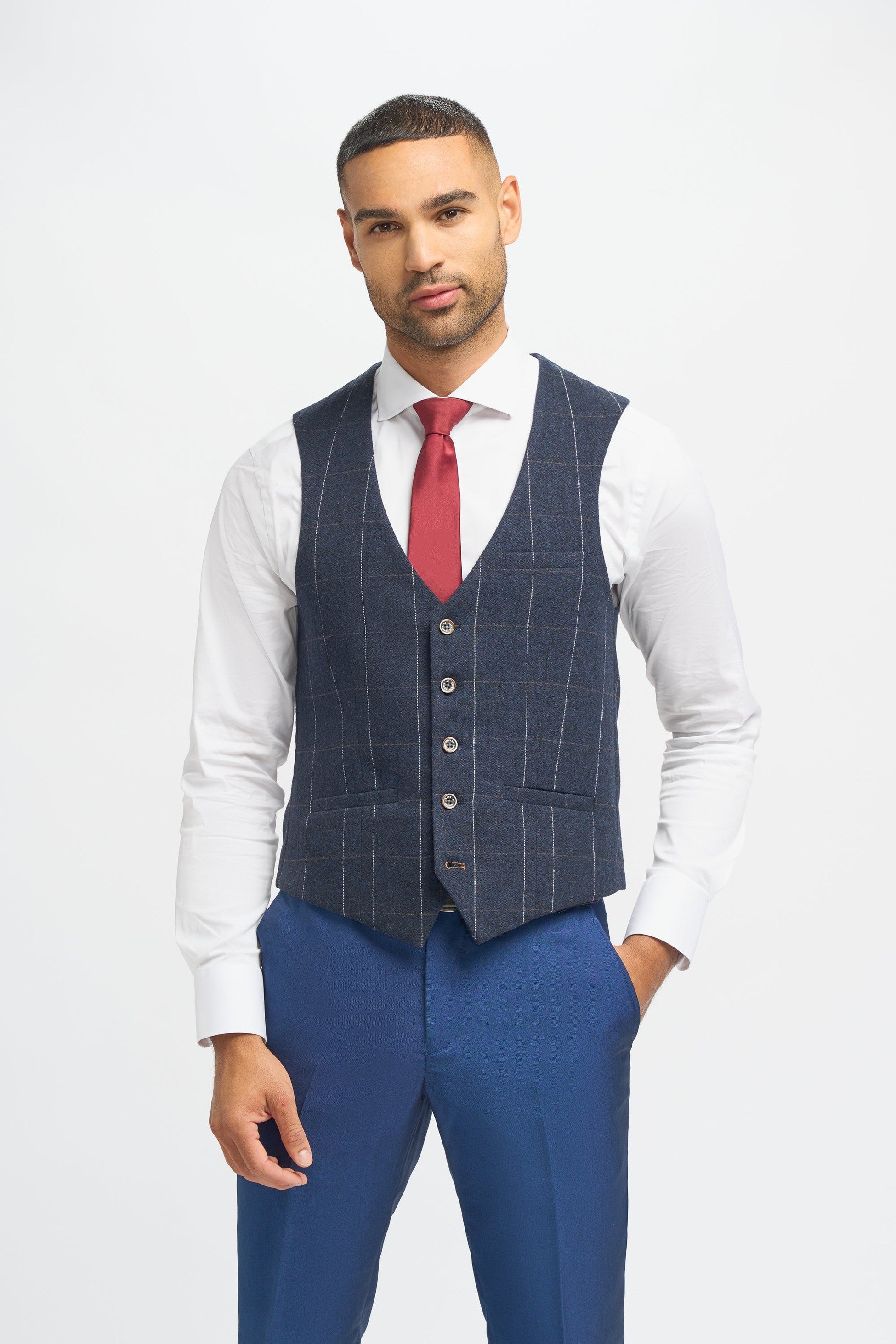 Men's Royal Blue Slim Fit 3-Piece Suit with Navy Blue Windowpane Check Tweed Waistcoat - Blue