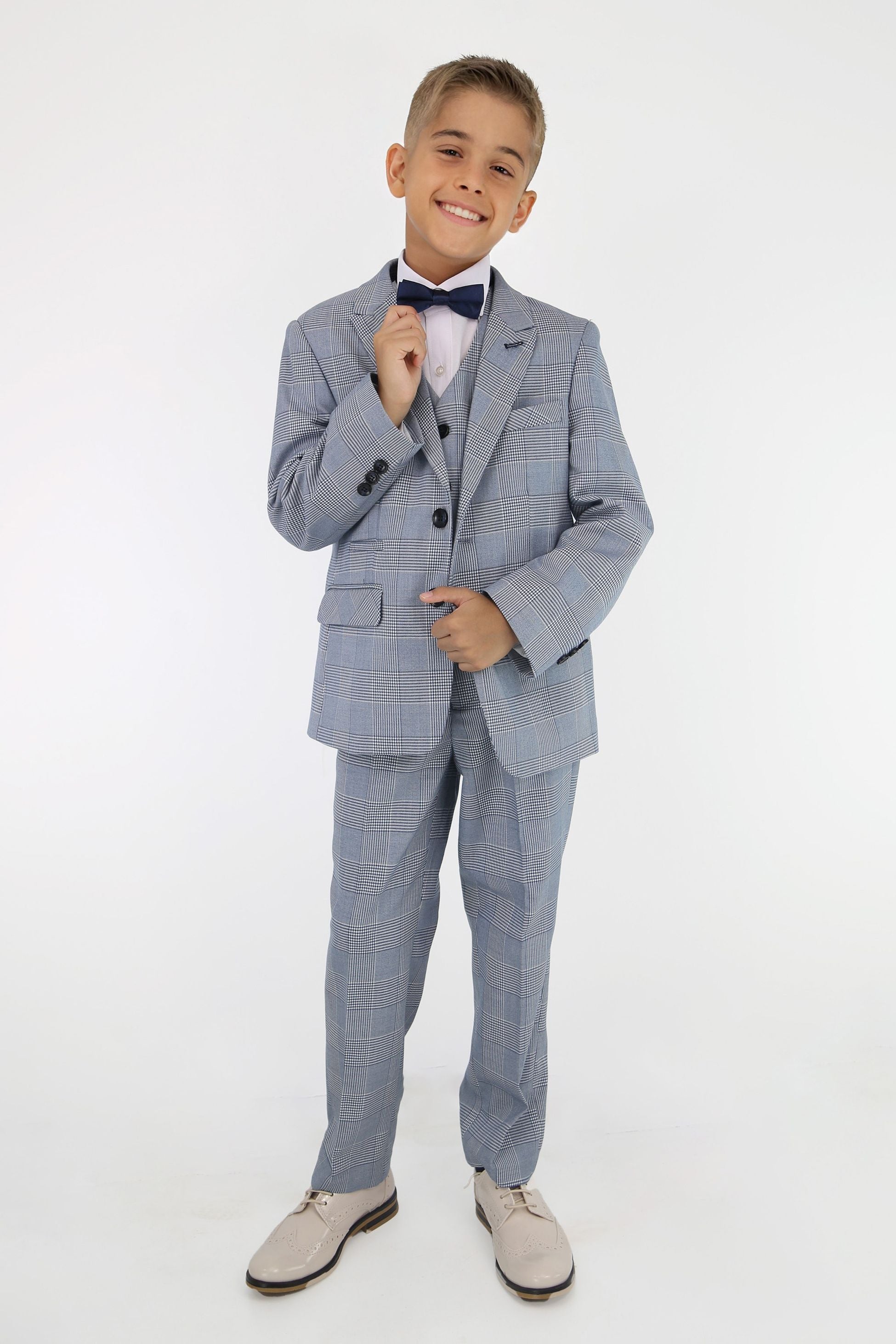 Boys Tailored Fit Tweed Check Suit - MARK - Sky Blue