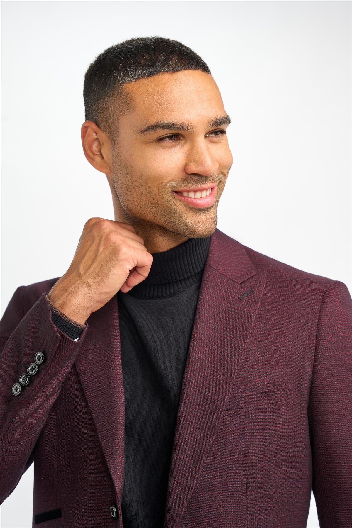 Men's Slim Fit Tweed Check Suit Jacket - CARIDI WINE - Wine