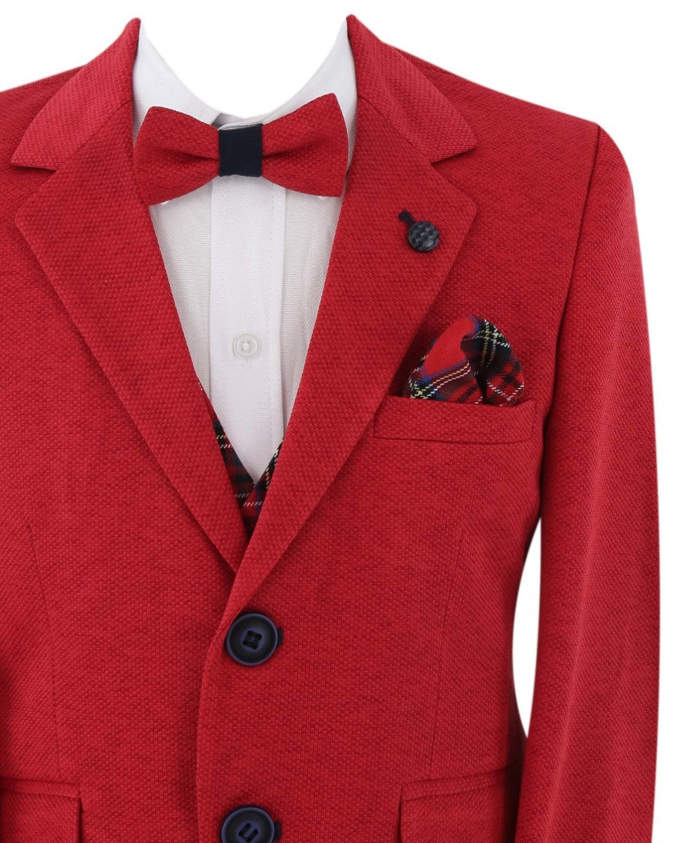 Boys Slim Fit Suit With Tartar check Waistcoat Set - Red