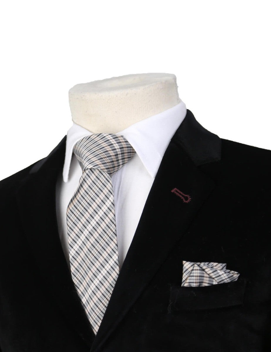 Boys Plaid Checkered Tie & Hankie Set - Beige and Silver