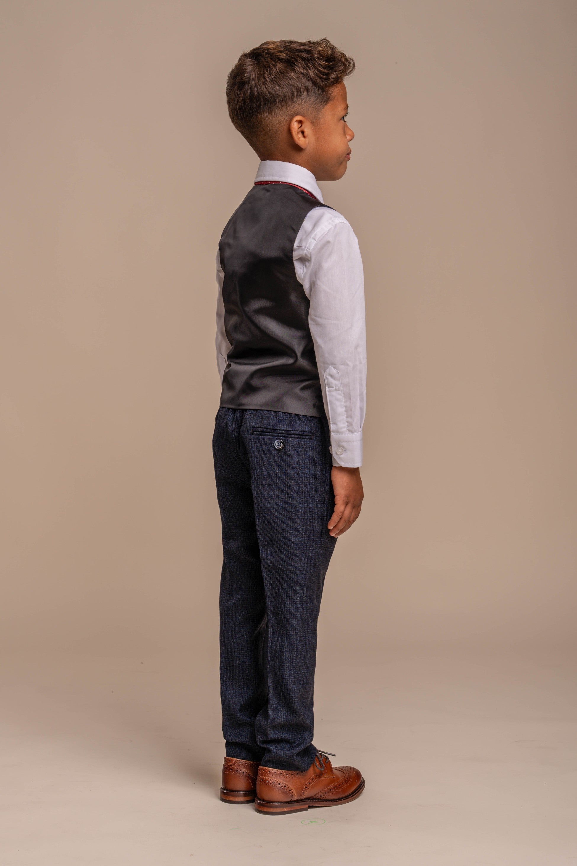 Boys Tweed Houndstooth Check Slim Fit Suit - CARIDI - Navy Blue