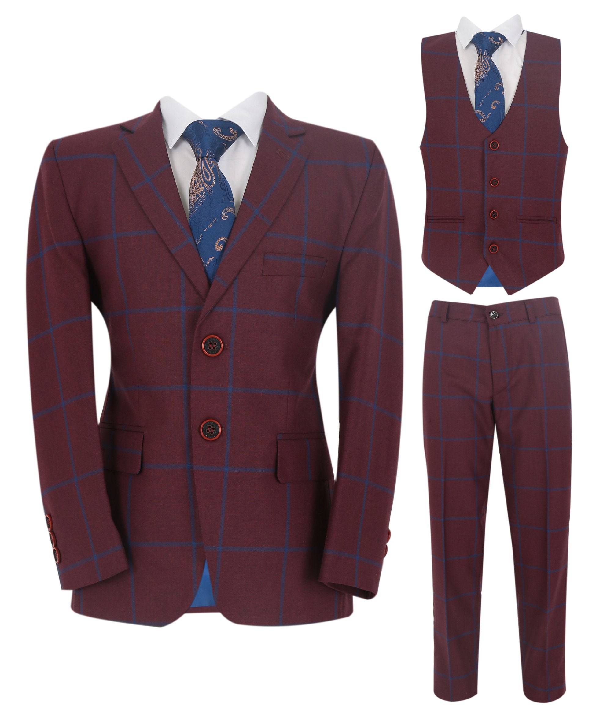 Boys 3 Piece Tailored Fit Windowpane Check Suit - DOMINIC - Burgundy - Blue