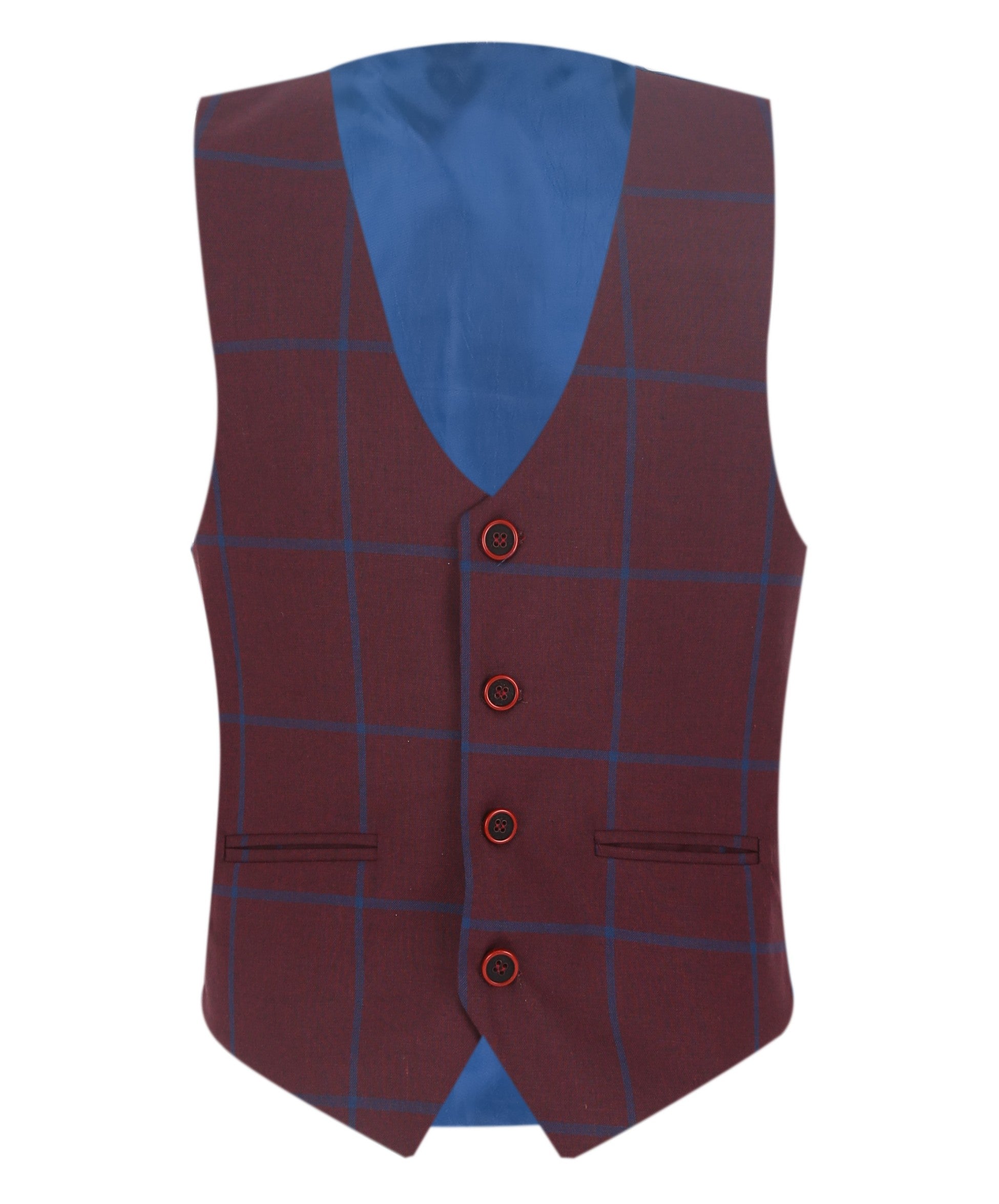 Boys 3 Piece Tailored Fit Windowpane Check Suit - DOMINIC - Burgundy - Blue