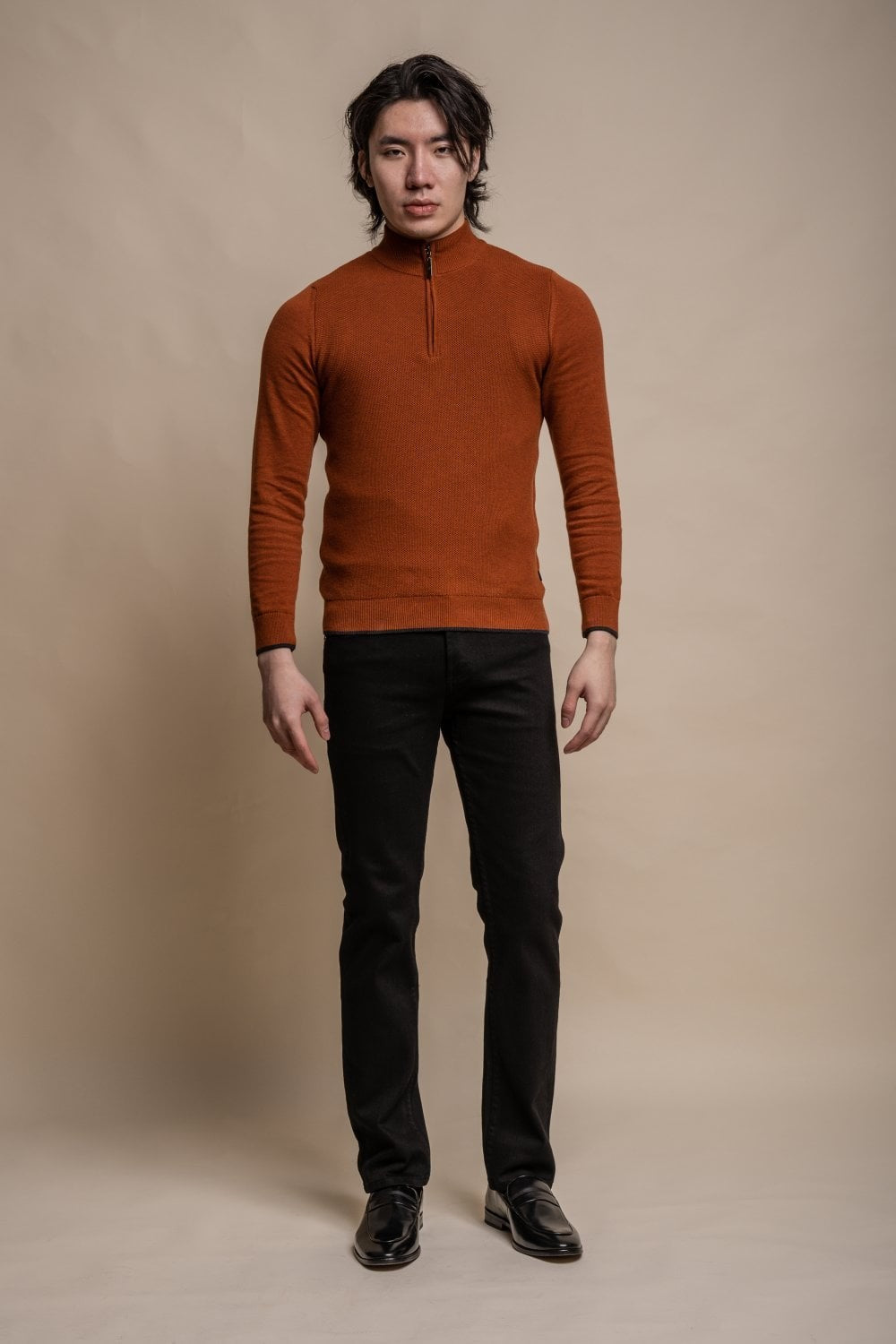 Men's Quarter Zip Knit Cotton Pullover - KYLE - Rustic Brick