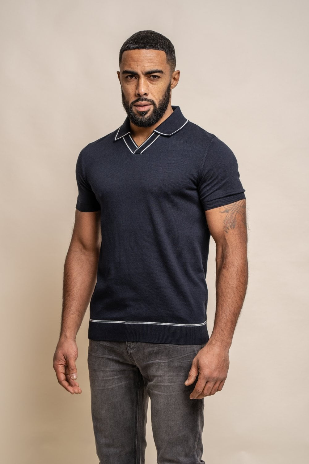 Men's Cotton Knitted Short Sleeve Polo Shirt - SEPPI - Navy Blue