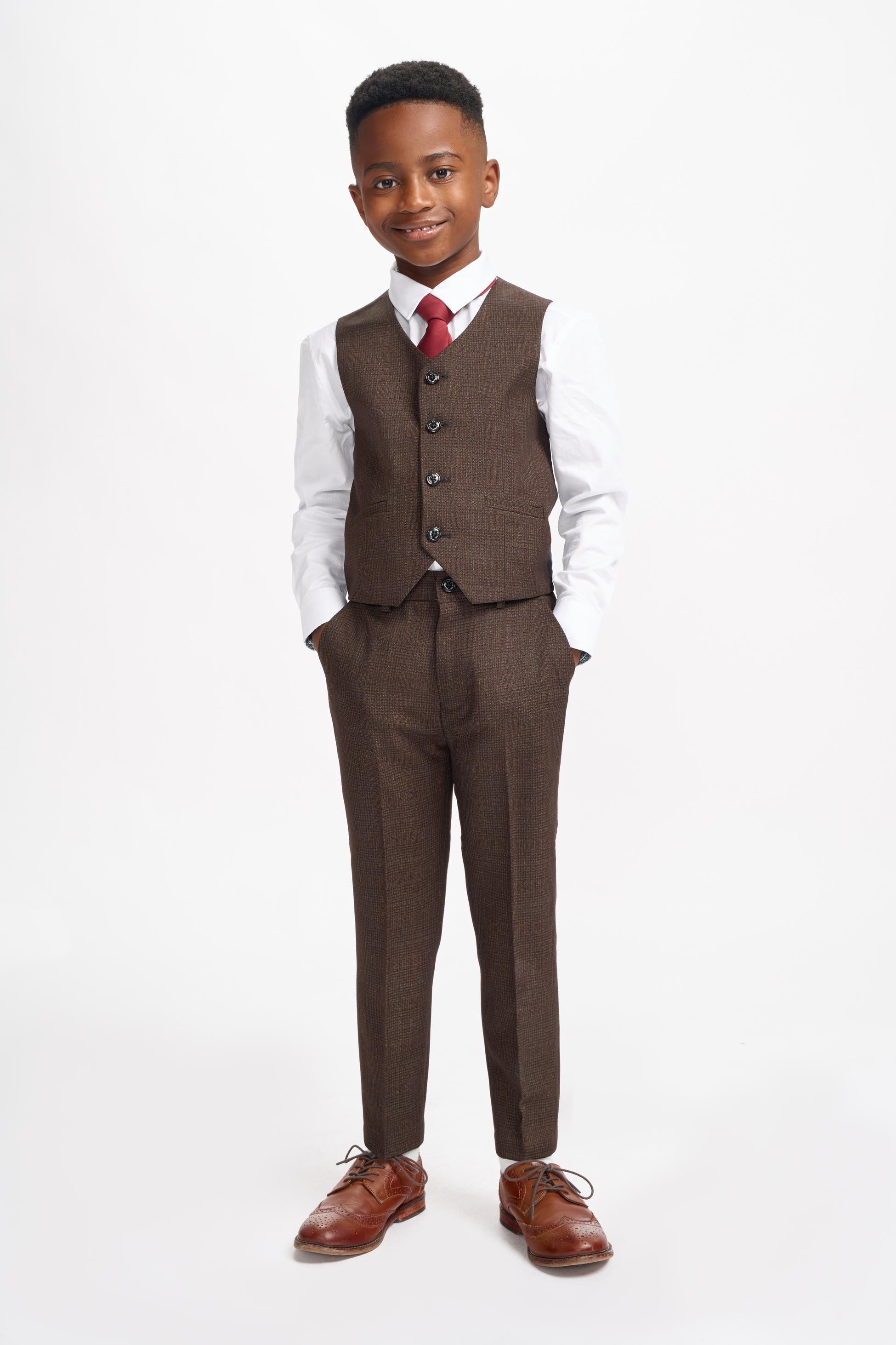 Boys Slim Fit Tweed Check Suit - CARIDI - Brown