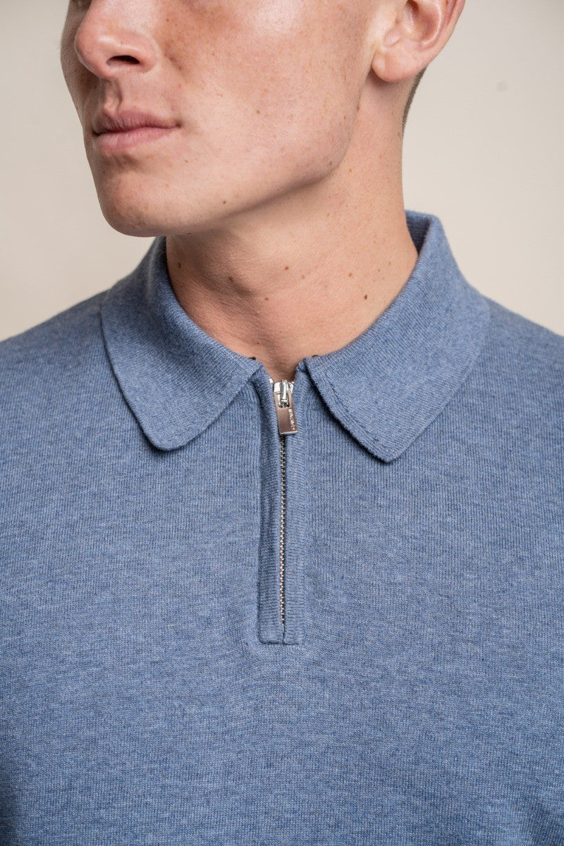 Men's Cotton Mock Neck Quarter Zip Jumper - Falcao - Mid-Denim Blue